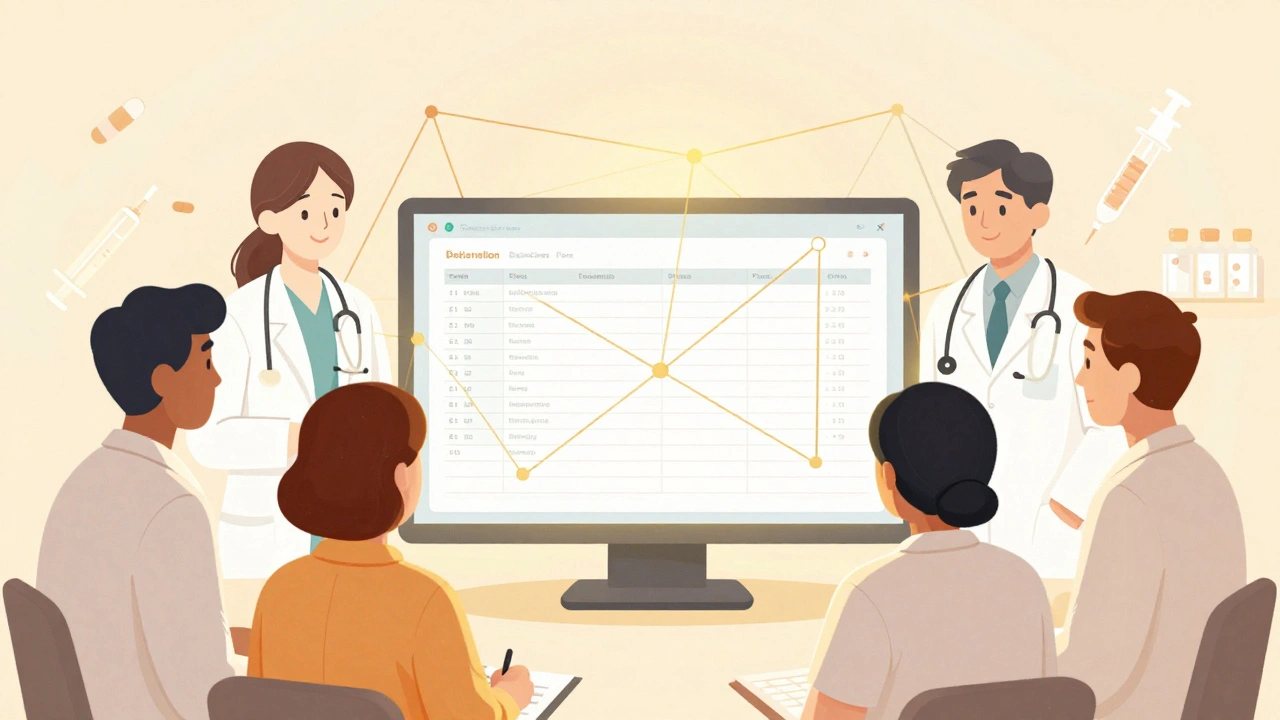 Équipe médicale réunie autour d'un dossier partagé pour coordonner les traitements.