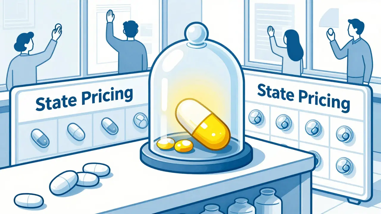 Étagère de pharmacie suisse avec un médicament coûteux isolé sous cloche, tandis que des génériques sont verrouillés derrière une paroi.