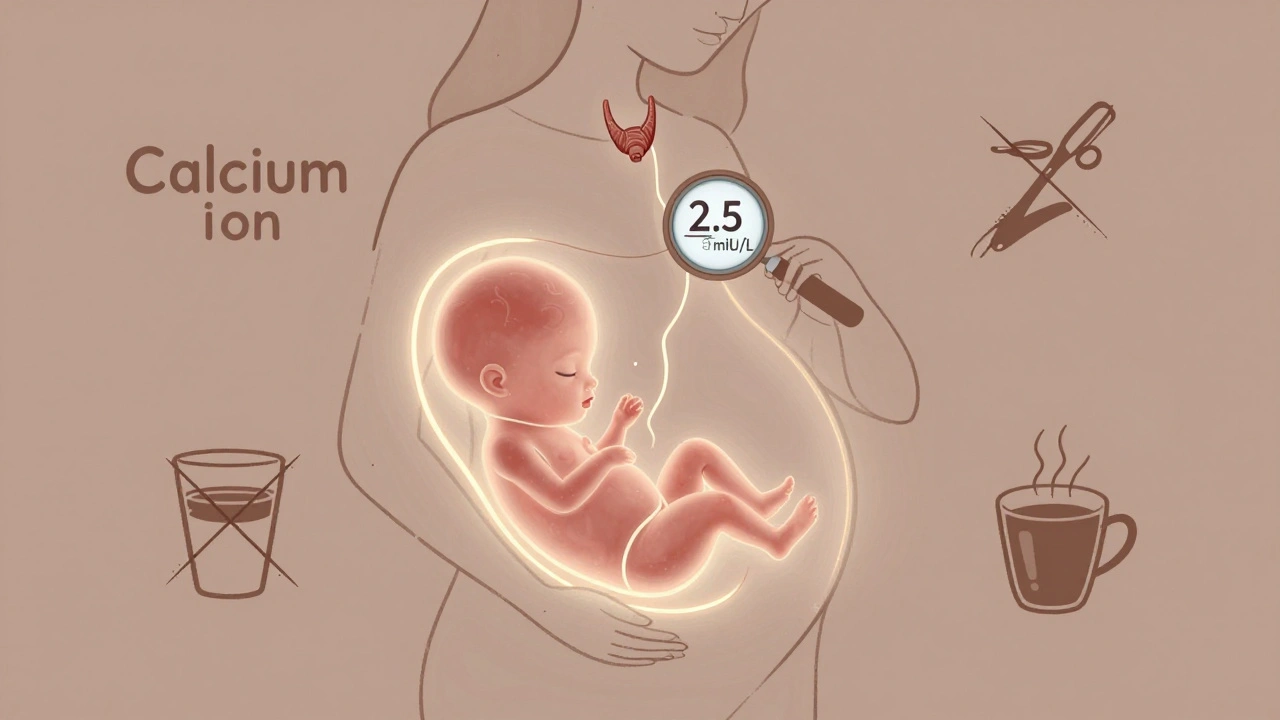 Femme enceinte avec thyroïde surveillée, lien vers le fœtus et symboles évités autour.