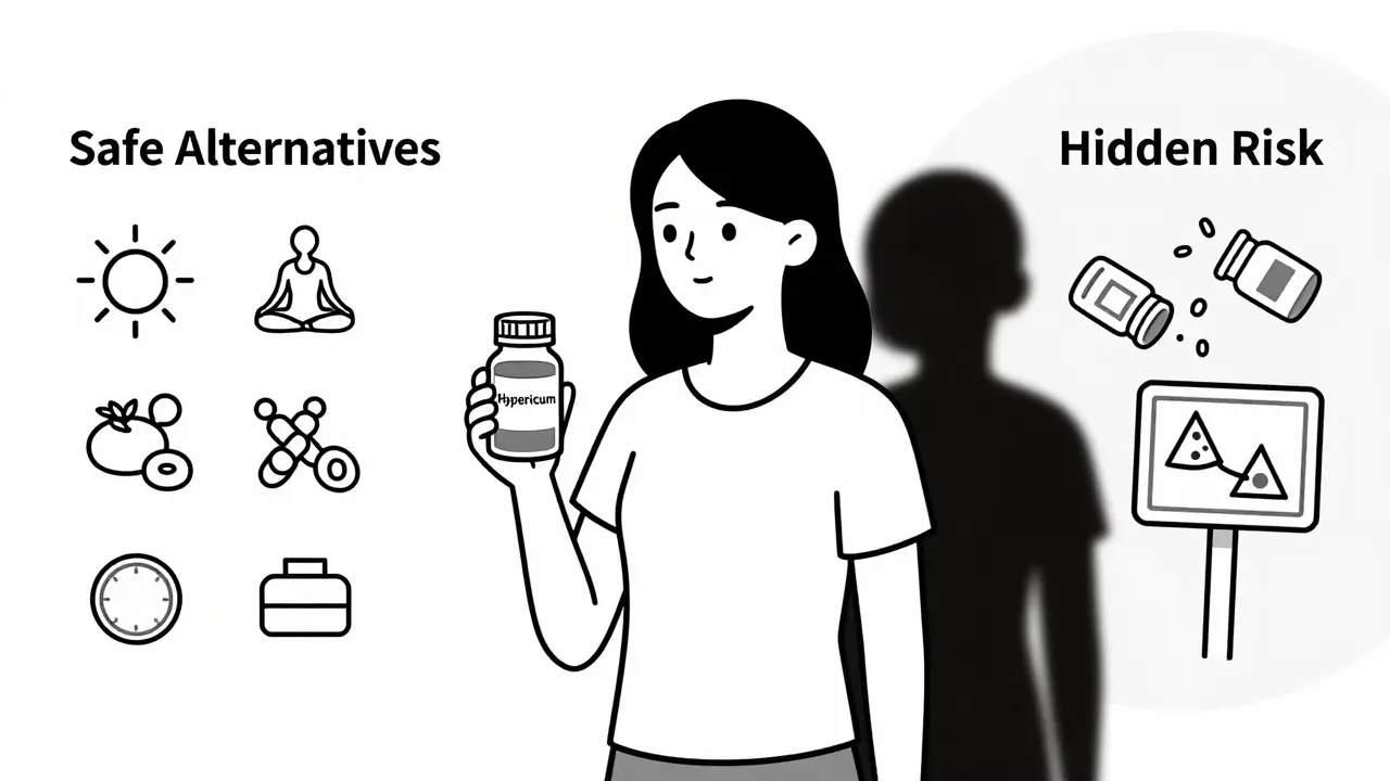 Femme face à deux choix : alternatives sûres ou risques cachés du millepertuis.