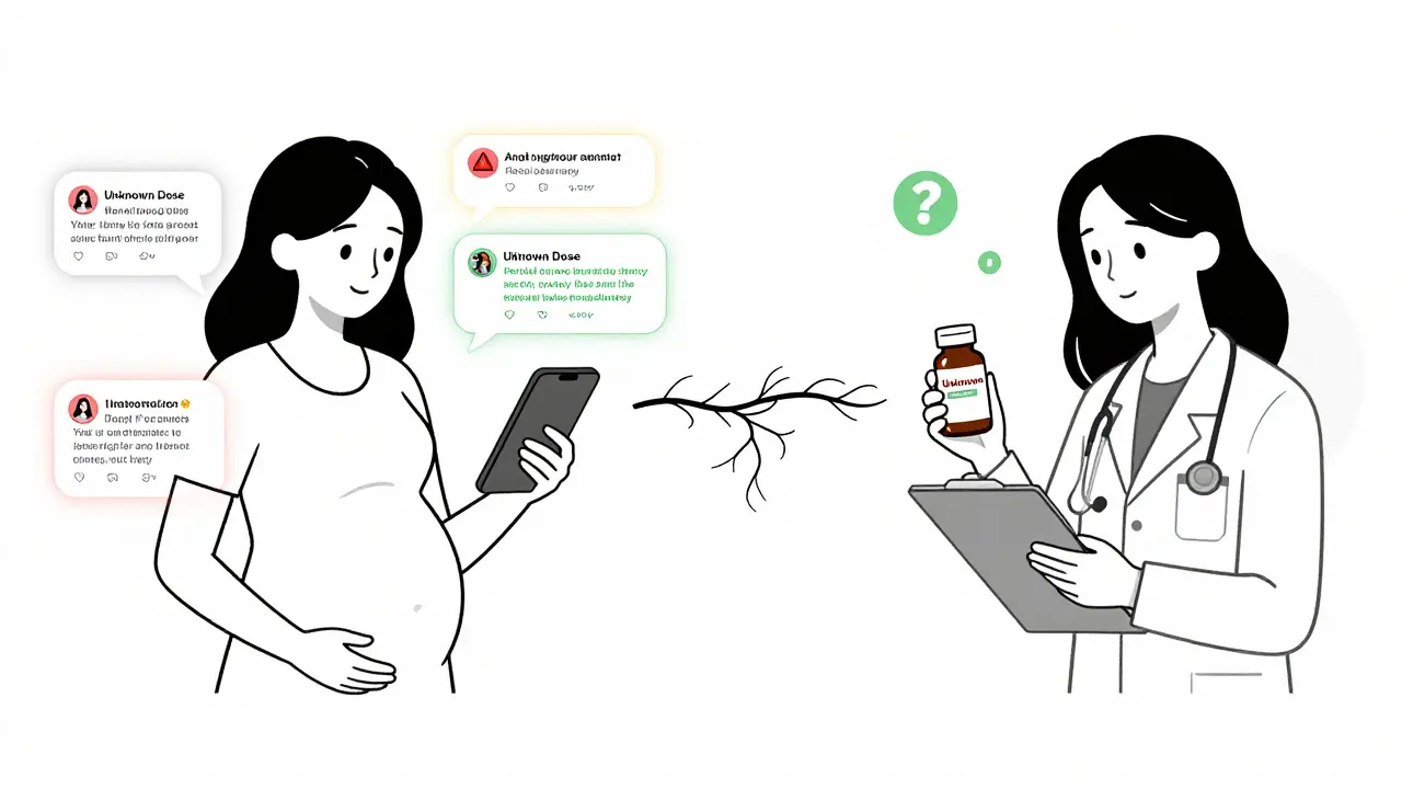 Femme regardant des posts en ligne sur les herbes enceintes, comparée à sa consultation médicale