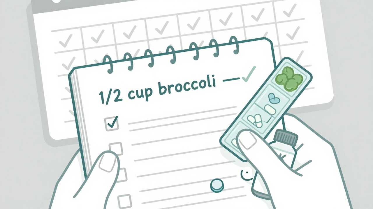 Journal quotidien avec checklist et comprimés de warfarine.