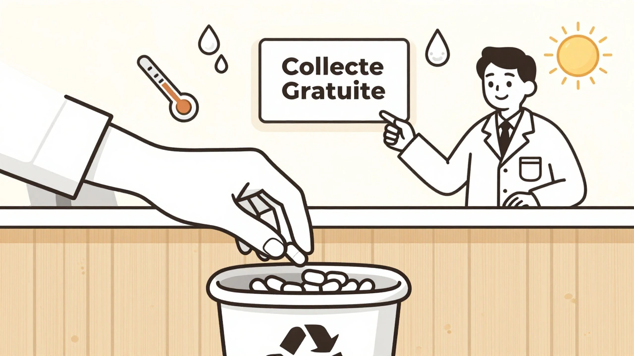 Main déposant des médicaments périmés dans une boîte de collecte en pharmacie.