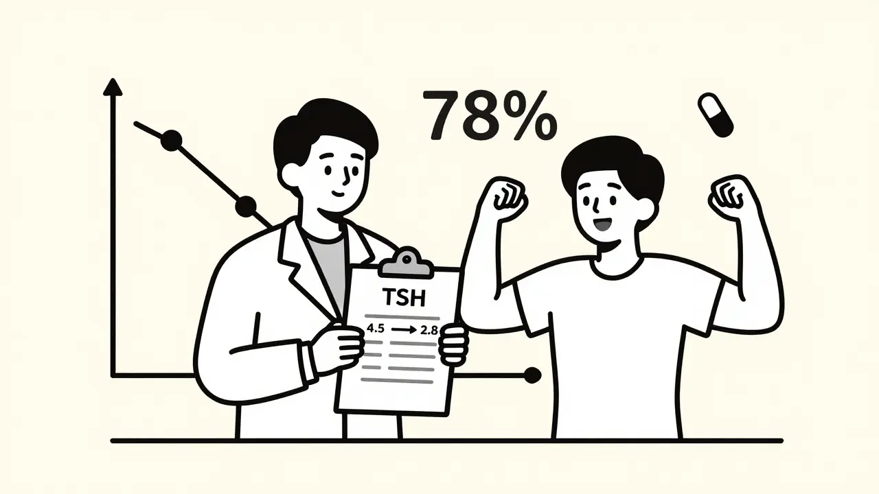 Médecin et patient avec un taux TSH optimisé, montrant une réduction des douleurs musculaires après traitement.