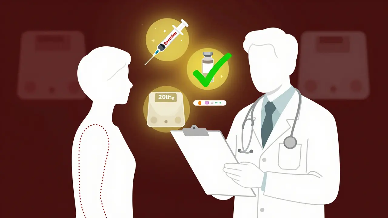 Médecin et patient entourés d'éléments de prévention : vaccin, Bactrim, test de tuberculose, dose de prednisone.