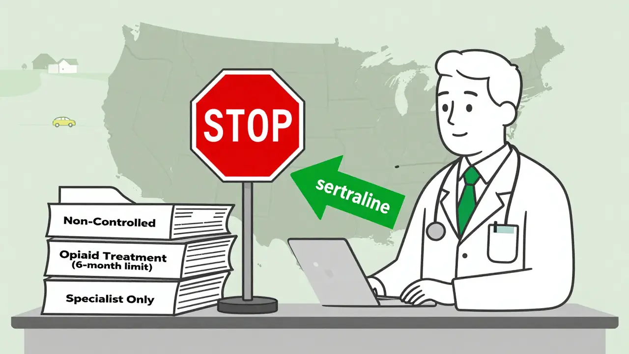 Médecin face à trois types d'ordonnances : une libre, une limitée à six mois, une réservée aux spécialistes.