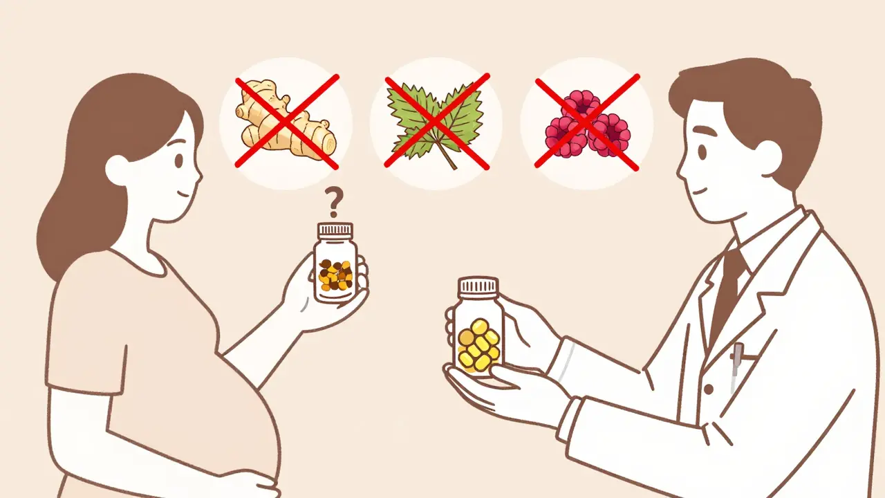 Médecin présentant une vitamine prénatale à une patiente qui tient des suppléments herbiers