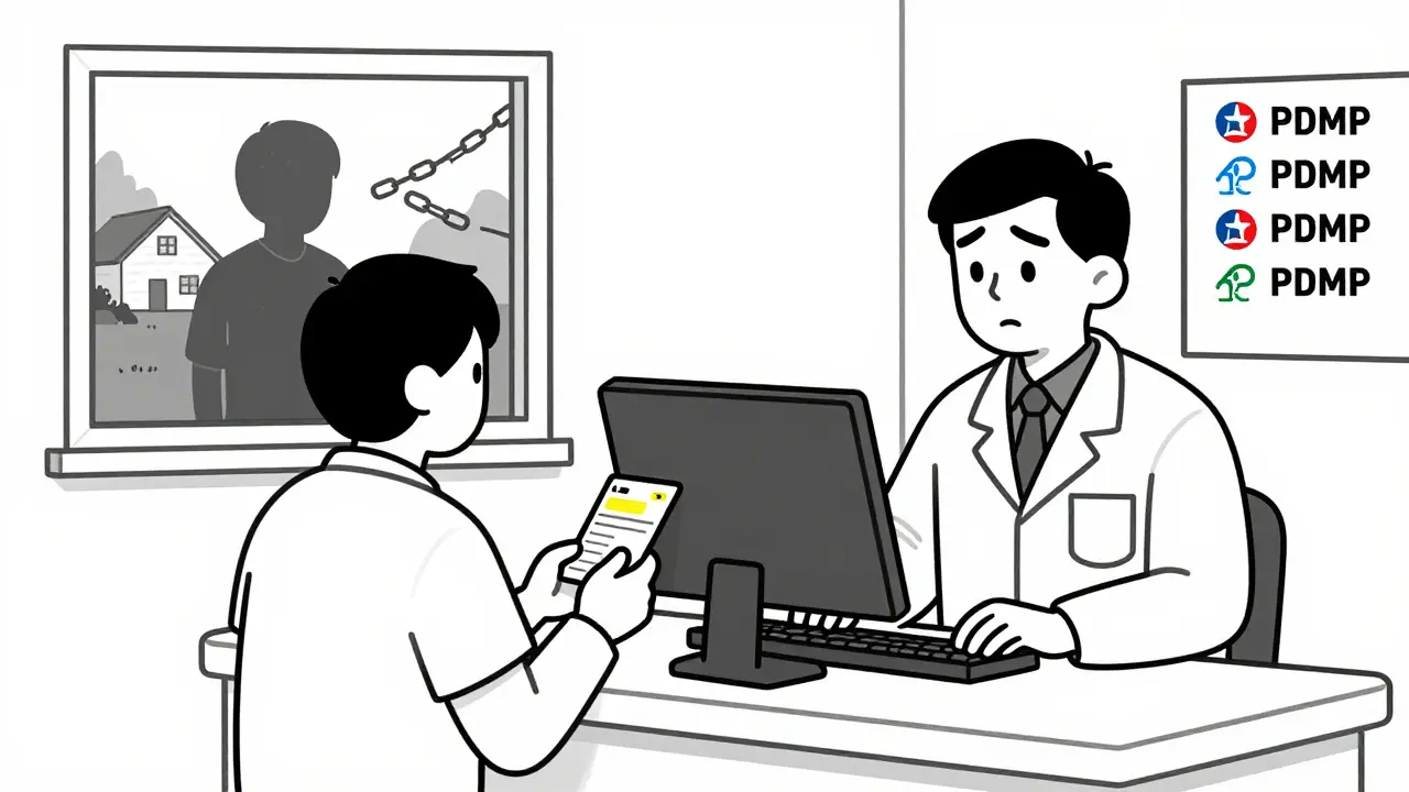 Patient à la pharmacie, le pharmacien hésite devant un écran affichant plusieurs systèmes d'État.