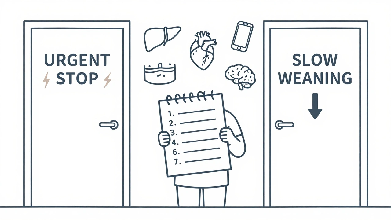 Patient avec cinq questions clés entre deux portes : arrêt d&#039;urgence ou sevrage progressif.