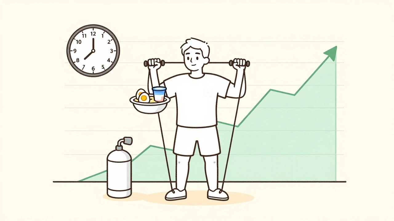 Patient consommant des protéines et faisant une presse de poitrine avec bande, accompagné d&#039;un horaire de repas et d&#039;un graphique de récupération musculaire.