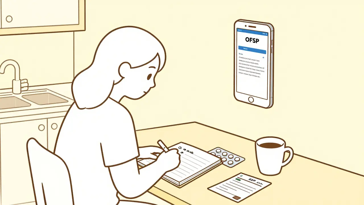 Patient note ses symptômes à la cuisine, avec une ordonnance et un blister de médicaments sur la table.