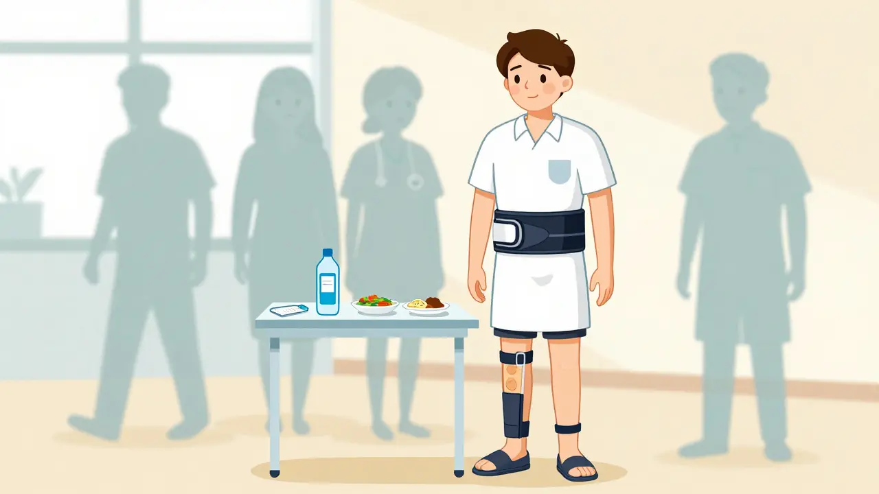 Patient portant des bas de contention et un gilet de compression, entouré d'aliments adaptés et d'une checklist médicale.