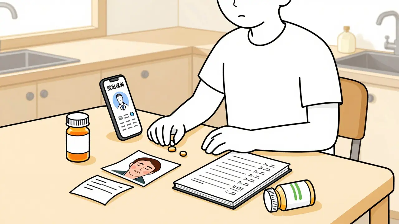 Personne à la table de cuisine avec des preuves d'une erreur de médicament : bouteille vide, reçu et notes.