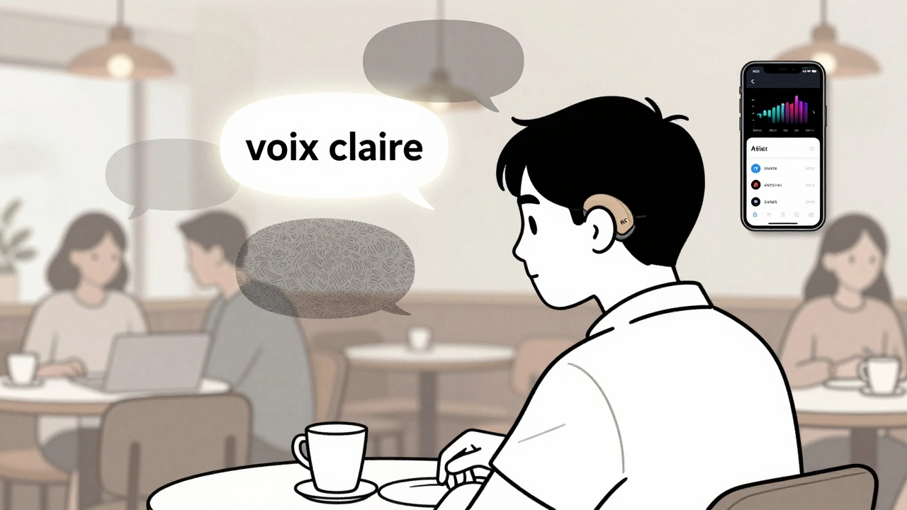 Personne dans un café avec une aide auditive filtrant les voix et affichant une analyse sonore en temps réel.