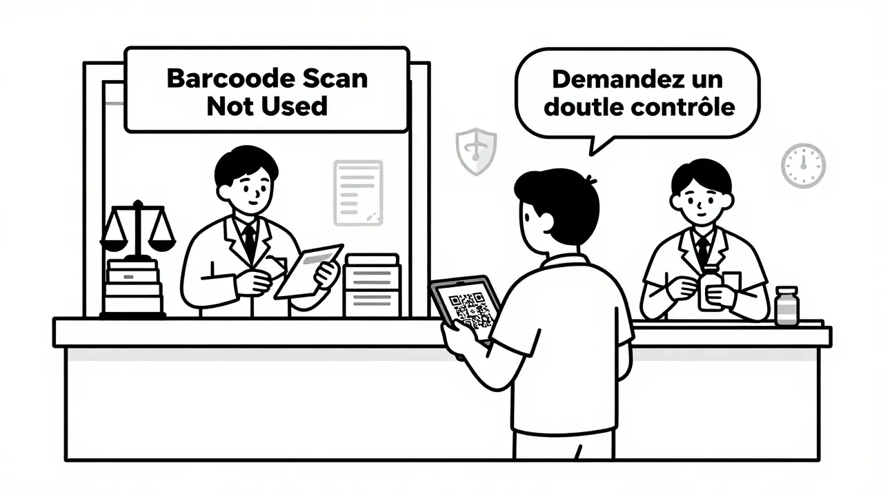 Personne dans une pharmacie où le scan code-barres n'est pas utilisé, deux pharmaciens vérifient une ordonnance.