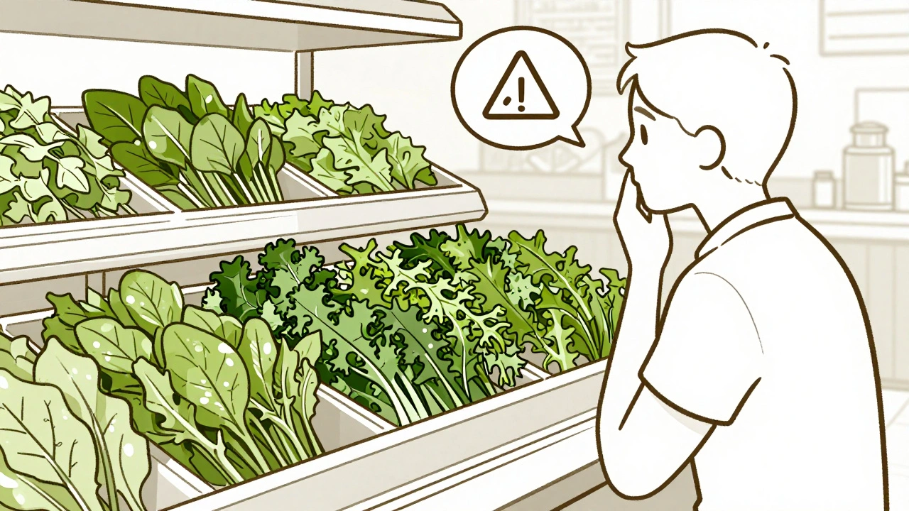 Personne hésitant devant un buffet de légumes verts en restaurant.