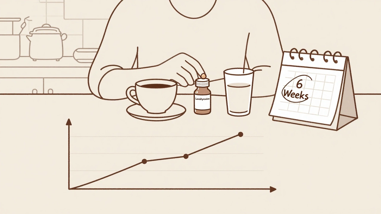 Personne prenant de la lévothyroxine à jeun, avec un calendrier marquant 6 à 8 semaines.