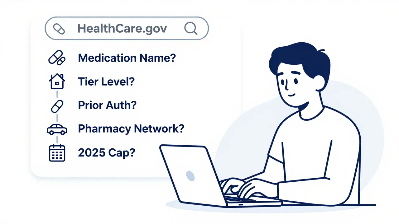 Personne sur un ordinateur vérifiant les détails de son assurance médicamenteuse avec une checklist visuelle.