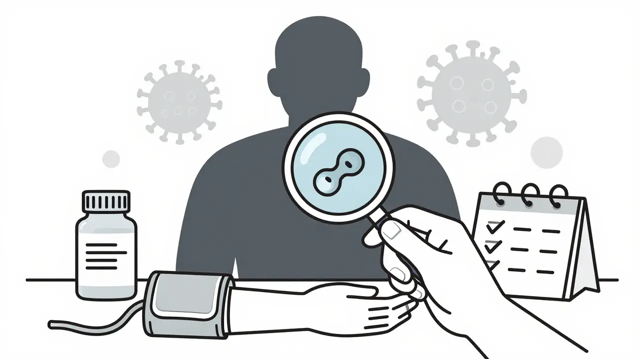 Personne surveillant son urines et sa pression artérielle, avec des facteurs de risque en arrière-plan.