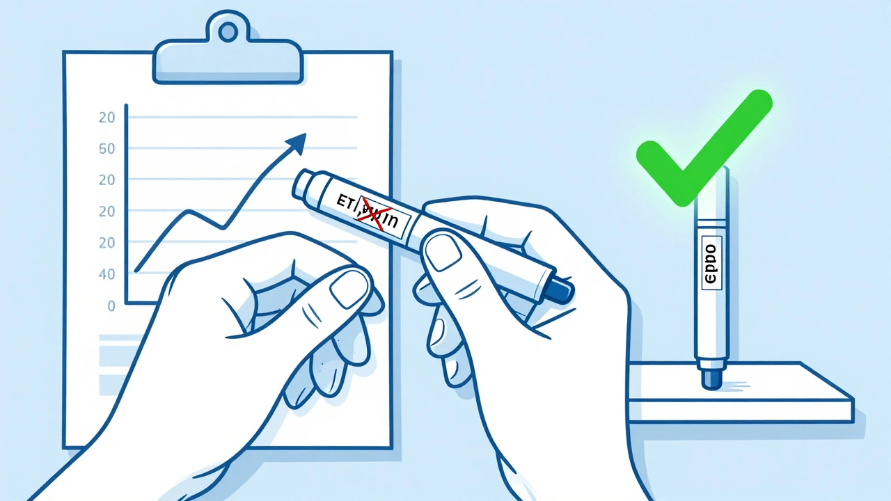 Personne tenant un EpiPen périmé avec un marquage de refus, à côté d&#039;un EpiPen neuf.