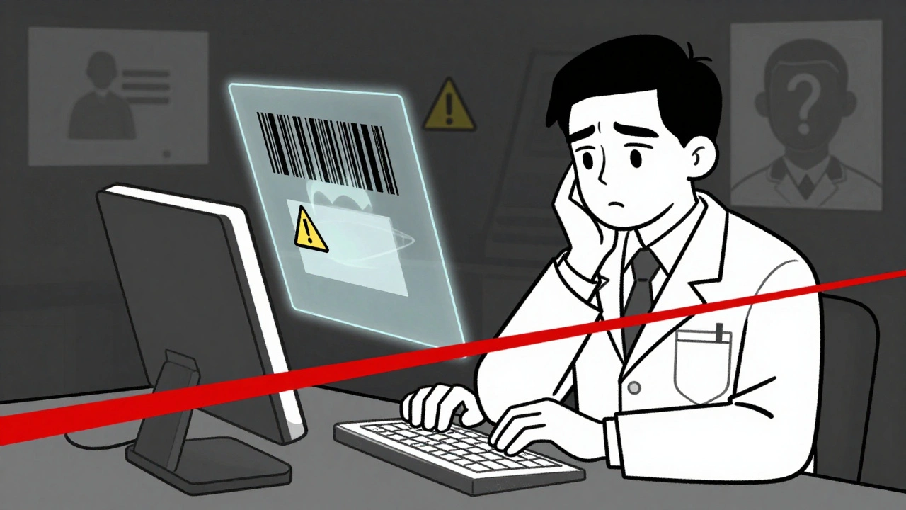 Pharmacien sur le point de contourner le système de scan, un avertissement fantôme flotte au-dessus de lui.