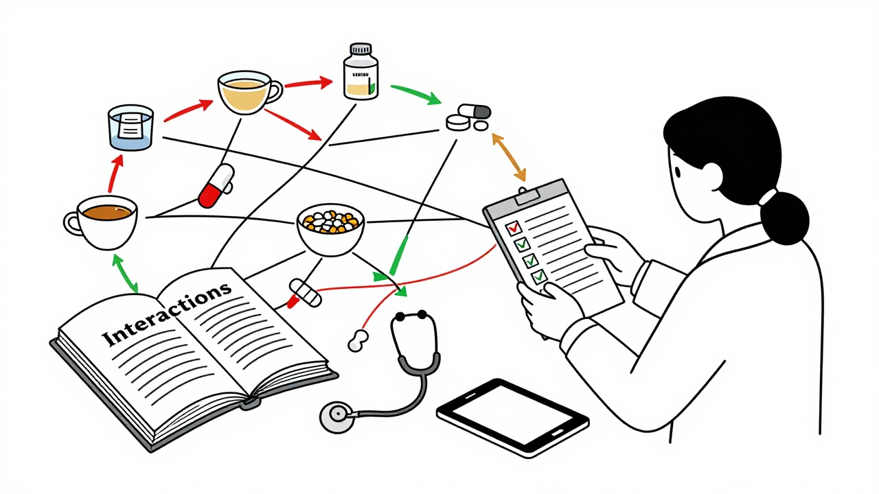 Pharmacien vérifiant les interactions entre chimiothérapie et compléments alimentaires.