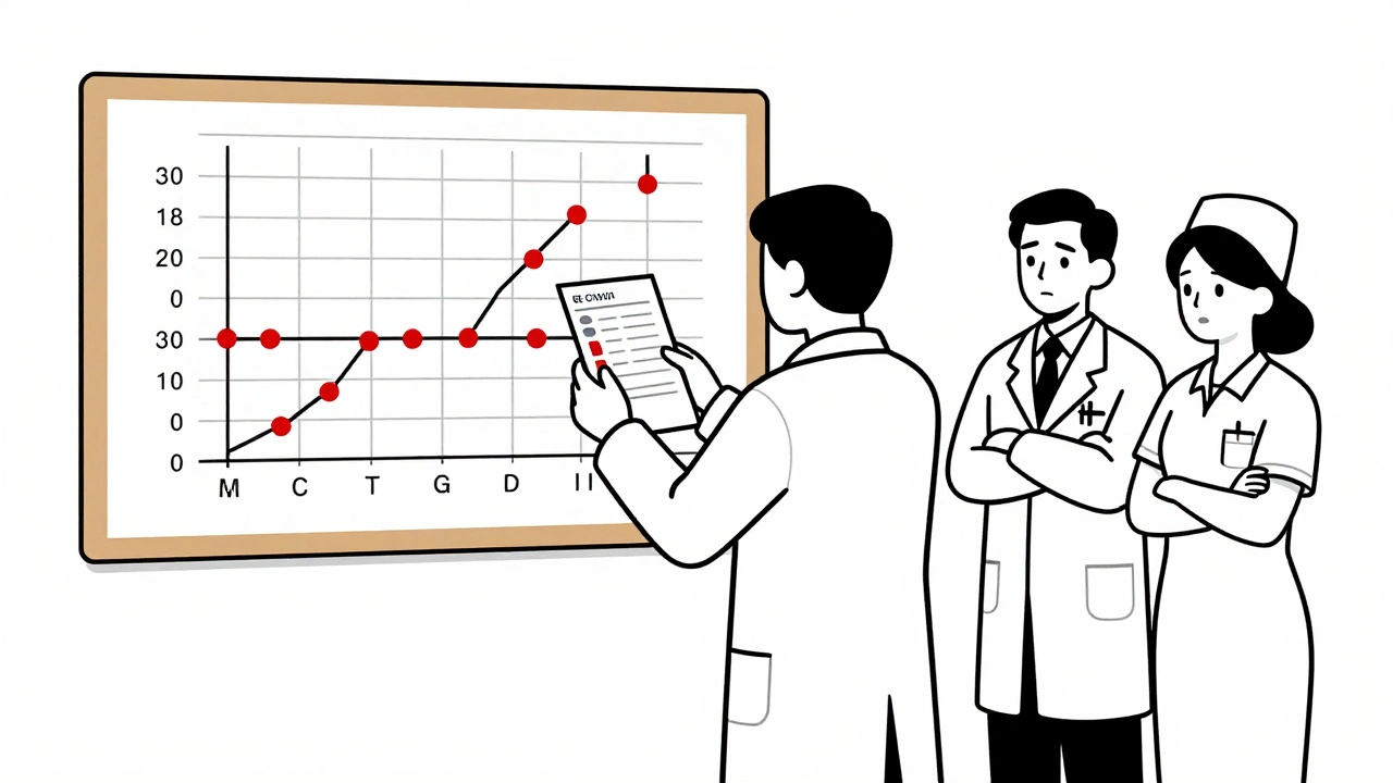 Pharmacien vérifie un taux de lithium avec un tableau d'alertes rouges.