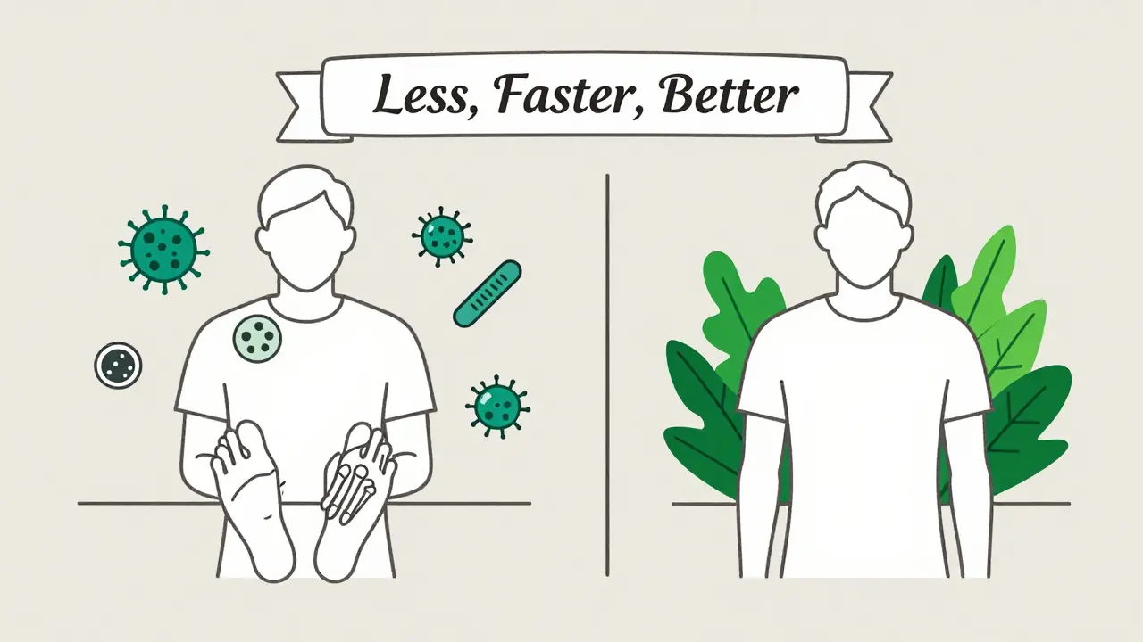 Scène divisée : patient sous corticoïdes avec infections d'un côté, et même patient sous traitement alternatif avec immunité restaurée de l'autre.