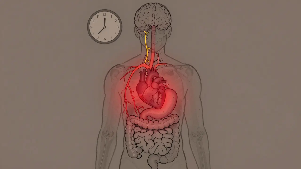 Schéma du corps humain montrant les nerfs endommagés reliant le cerveau à l'estomac et au cœur.