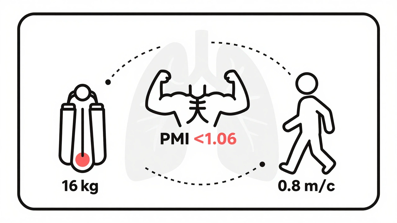 Schéma médical simplifié montrant trois indicateurs de sarcopénie : force de préhension, masse musculaire pectorale et vitesse de marche.