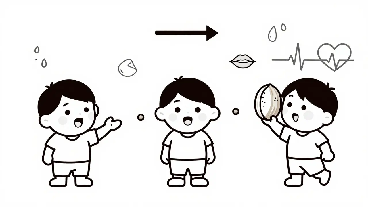 Séquence illustrée des doses croissantes d'aliments lors d'un défi alimentaire oral.