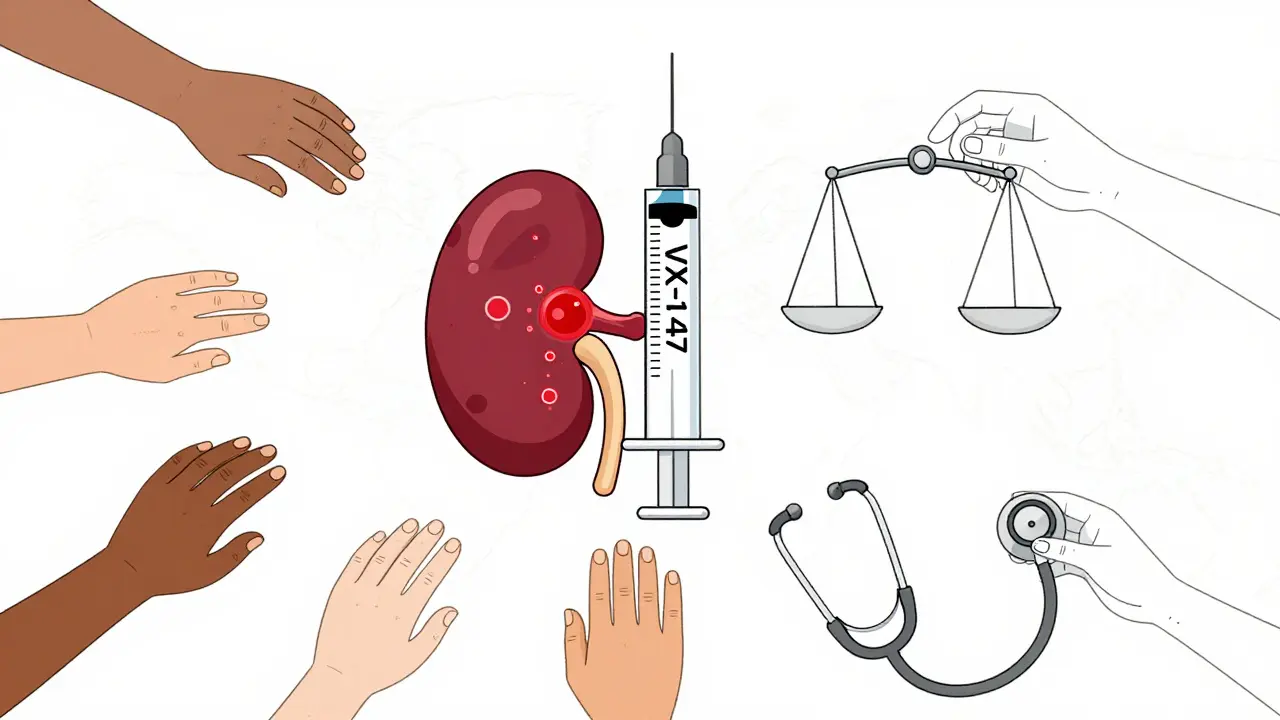 Seringue VX-147 traitant un rein, avec des mains du monde entier tenant une balance de justice.