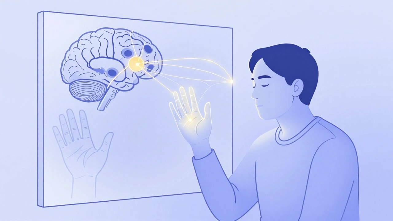 Un patient visualise mentalement le mouvement de sa main, connecté à un cerveau en réorganisation.