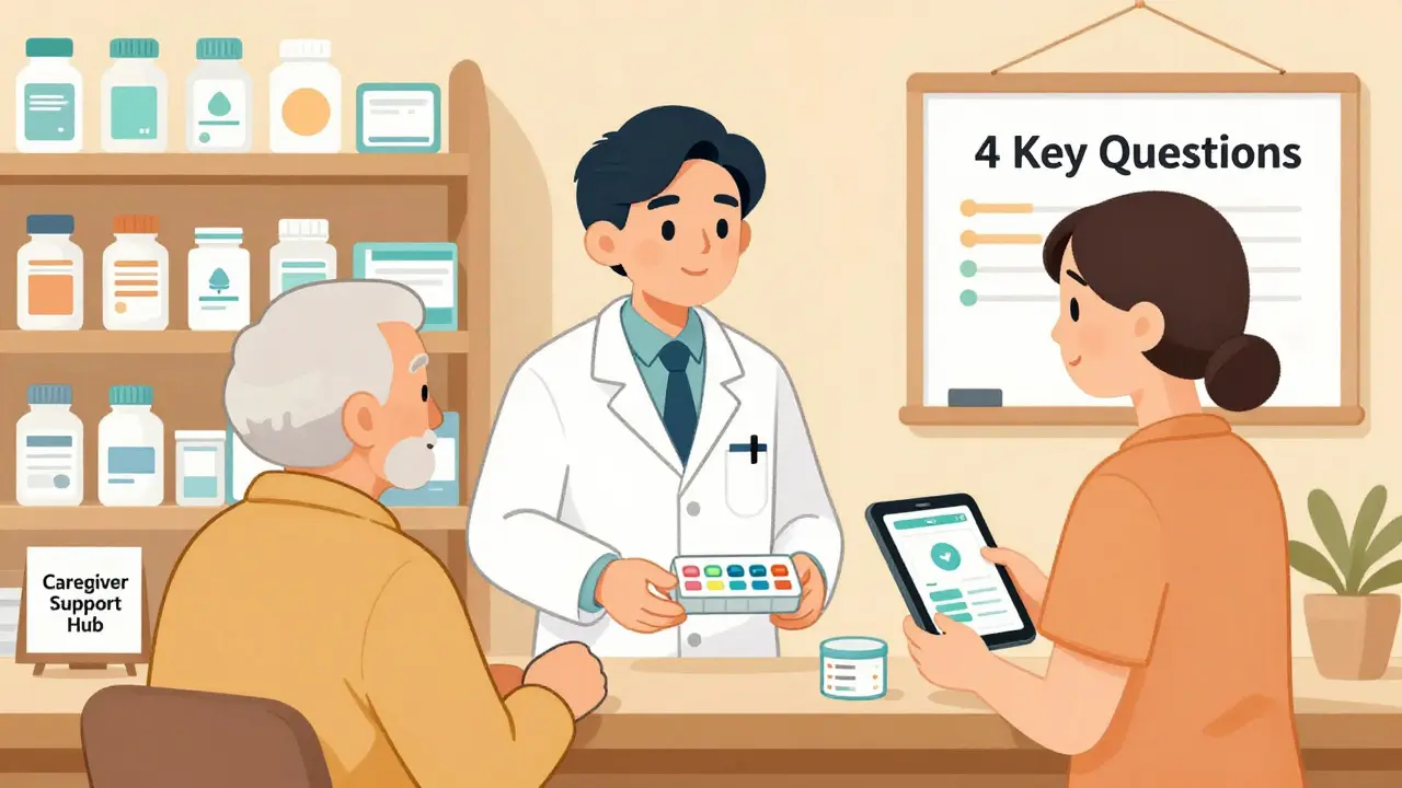 Un pharmacien remet une boîte à pilules à un patient âgé, avec un aidant à ses côtés dans une pharmacie.