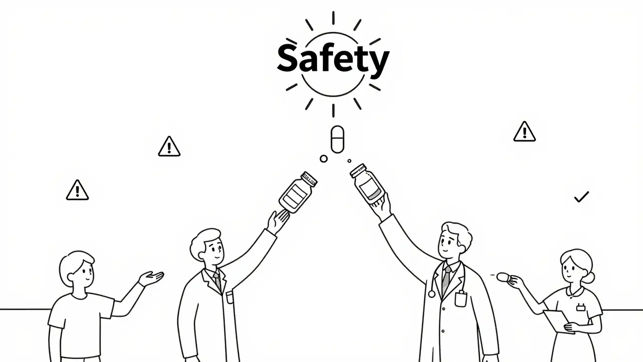 Une chaîne de mains connectées transforme une bouteille cassée en symbole de sécurité médicale.