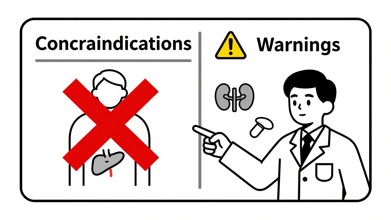 Une étiquette médicale divisée en contre-indications (interdites) et avertissements (à surveiller).