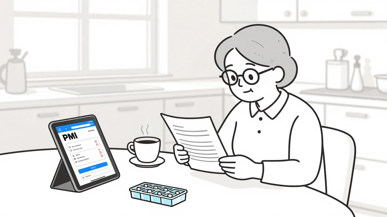 Une femme âgée lit le PMI à la cuisine, avec un organisateur de pilules et une tablette numérique à côté.