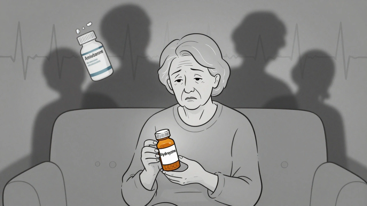 Une femme âgée tenant une bouteille d&#039;hydroxyzine, entourée d&#039;ombres de médicaments dangereux et d&#039;un ECG anormal.