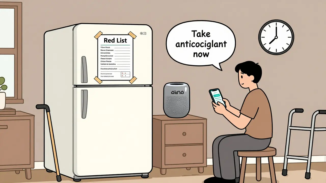 Une liste d'urgence collée au réfrigérateur, avec un assistant vocal et un téléphone indiquant une prise de médicament.
