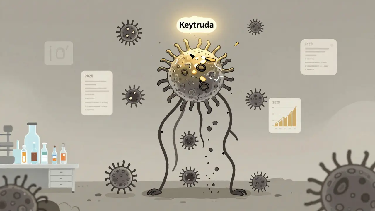 Une molécule Keytruda qui se désintègre en biosimilaires pendant une attaque immunitaire.
