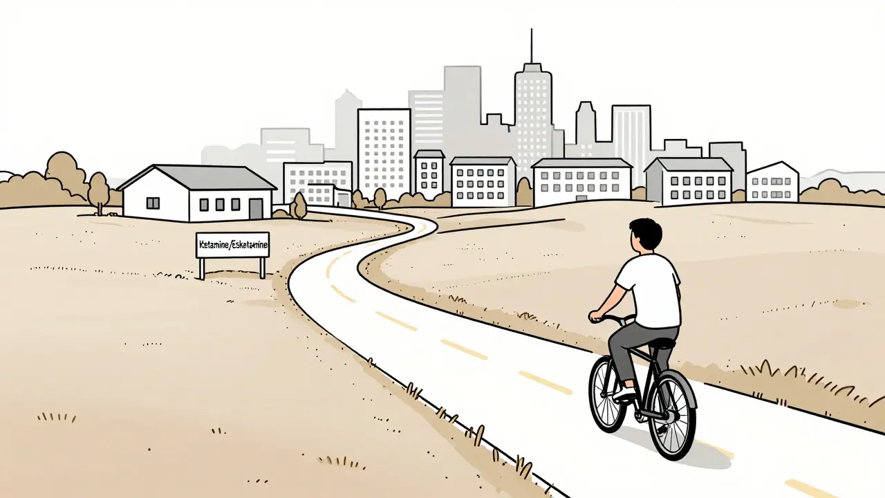 Une route rurale menant à une clinique éloignée, symbolisant les difficultés d'accès aux traitements contre la dépression.