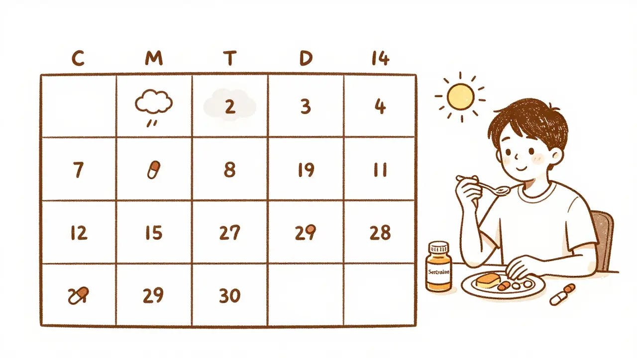 Calendrier de 14 jours illustrant la réduction progressive des effets secondaires d'un médicament.