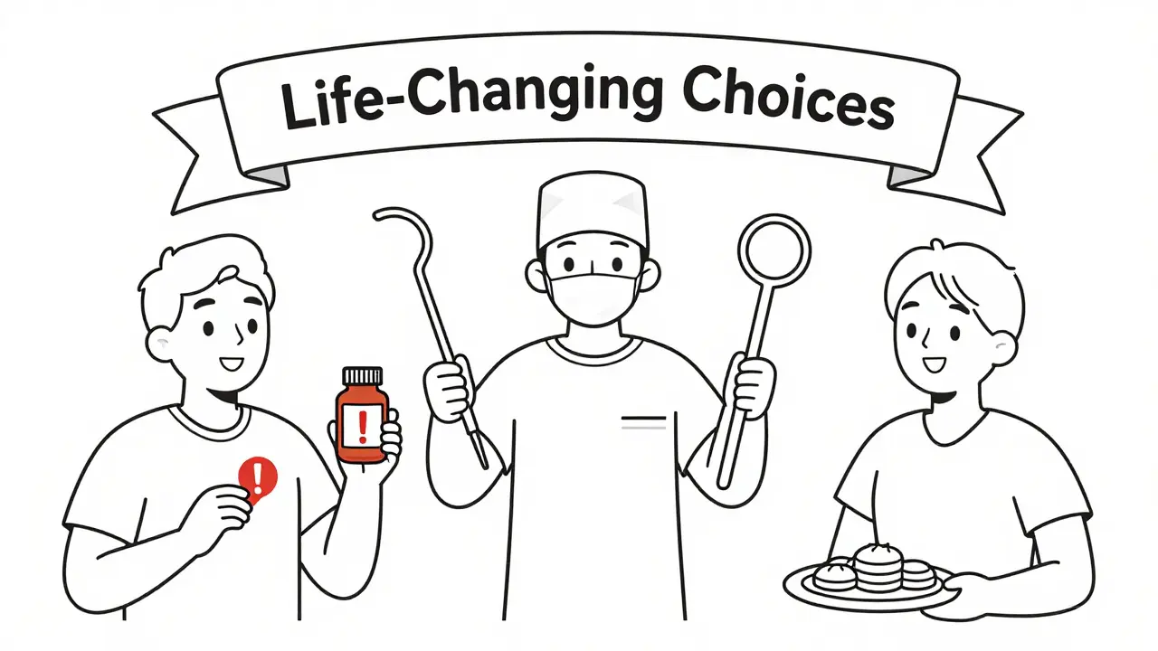 Chirurgien tenant deux outils chirurgicaux représentant les deux procédures, face à deux patients aux besoins différents.