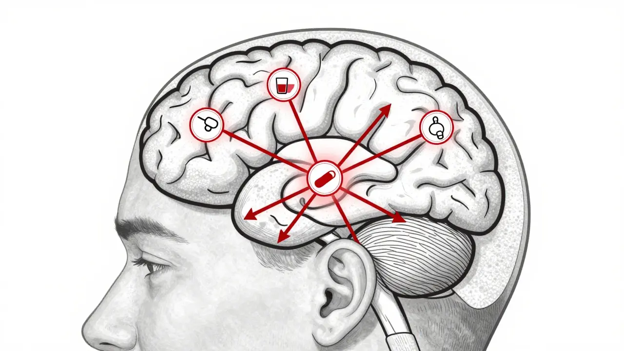 Close-up d'un patch de scopolamine avec des flèches montrant ses interactions avec d'autres médicaments dans le cerveau.
