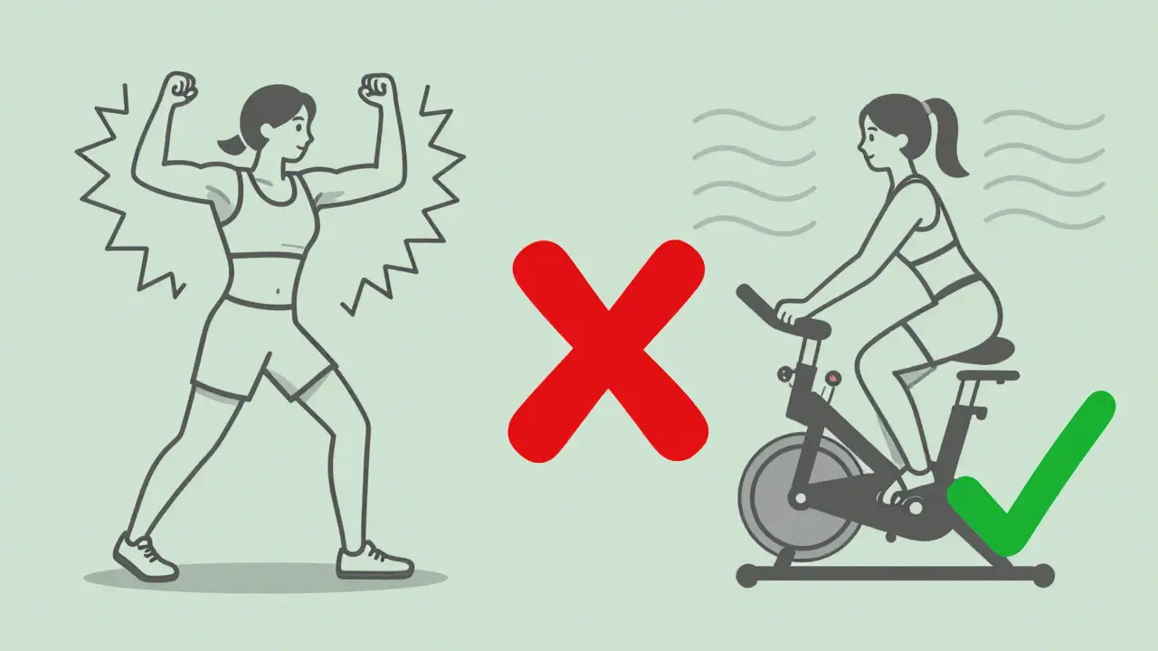 Comparaison visuelle entre exercice modéré (vélo) et intense (HIIT) avec symboles de sécurité.