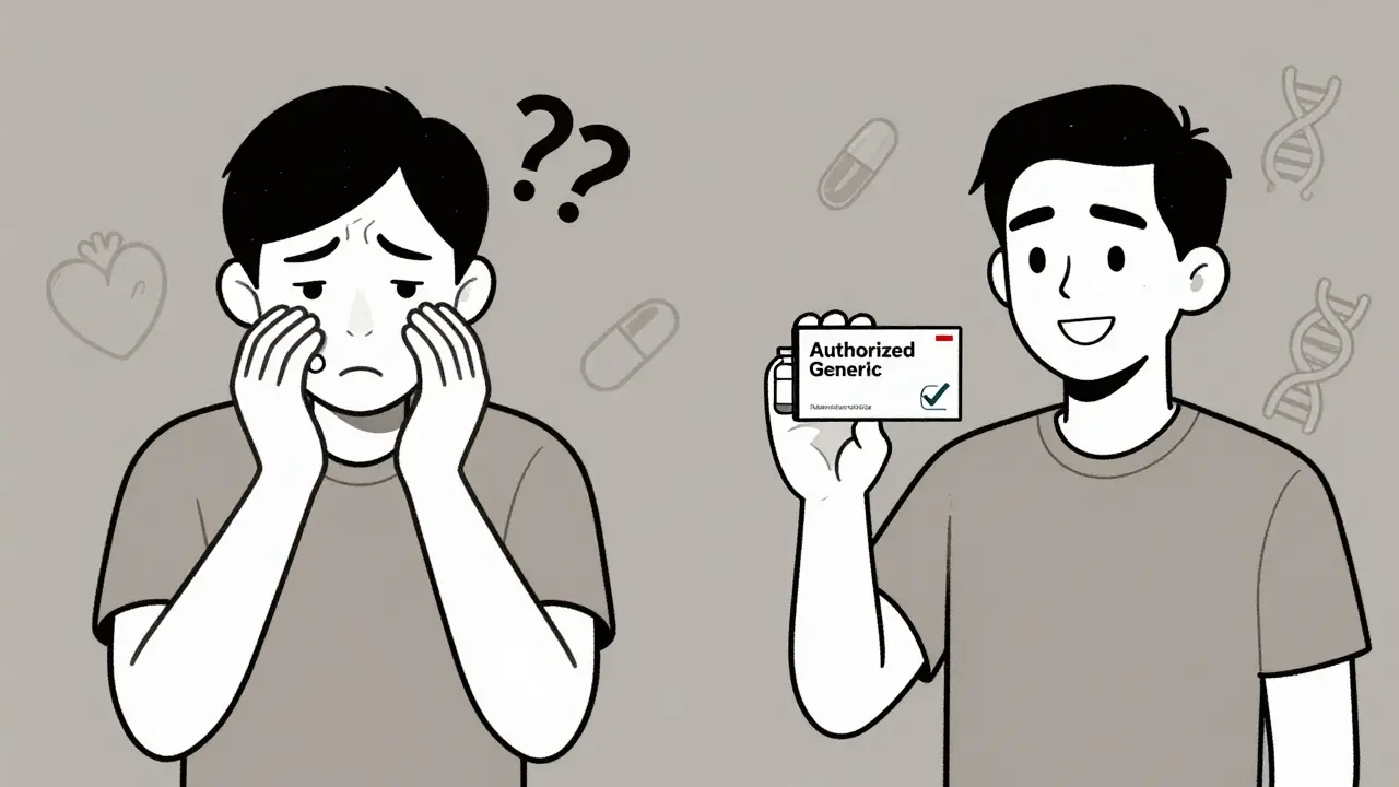 Comparaison visuelle entre un générique traditionnel inquiétant et un générique autorisé rassurant, même comprimé, même forme.
