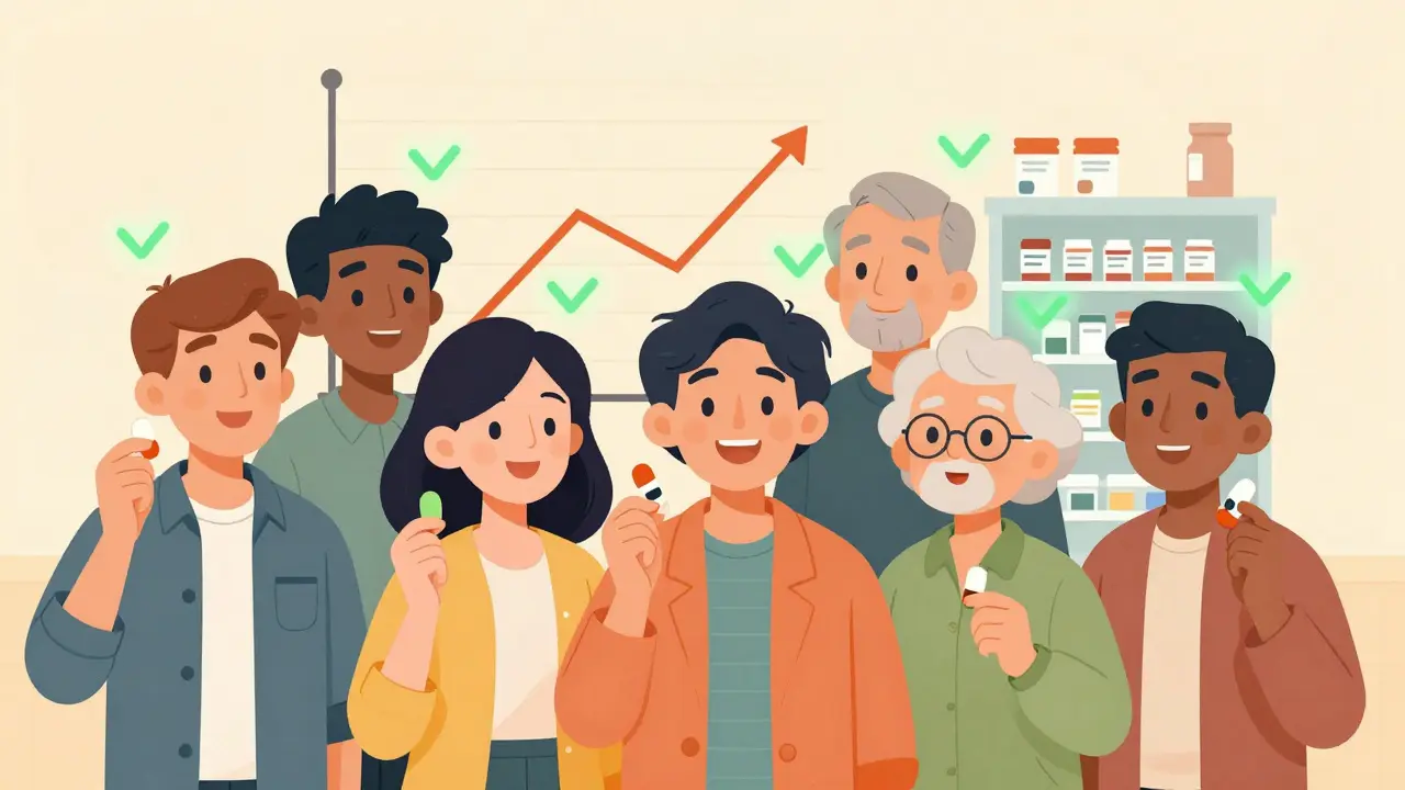 Des personnes de différents âges prennent une seule pilule pour contrôler leur tension artérielle.