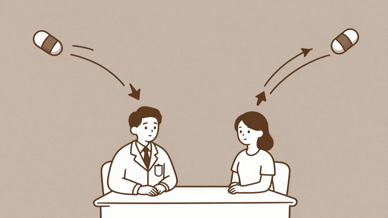 Deux chemins séparés montrant les effets secondaires qui s'atténuent ou persistent après traitement médical.