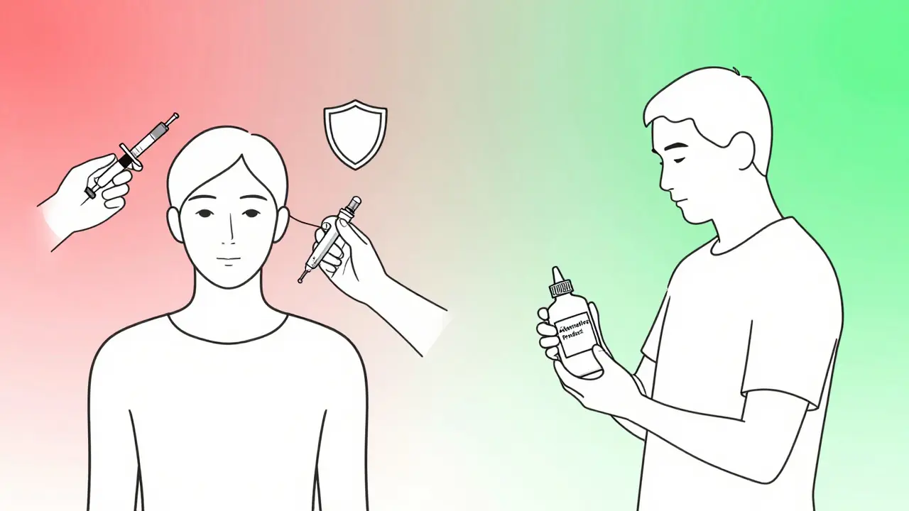 Deux patients : l'un protégé par une pré-médication, l'autre utilisant un produit de contraste différent.