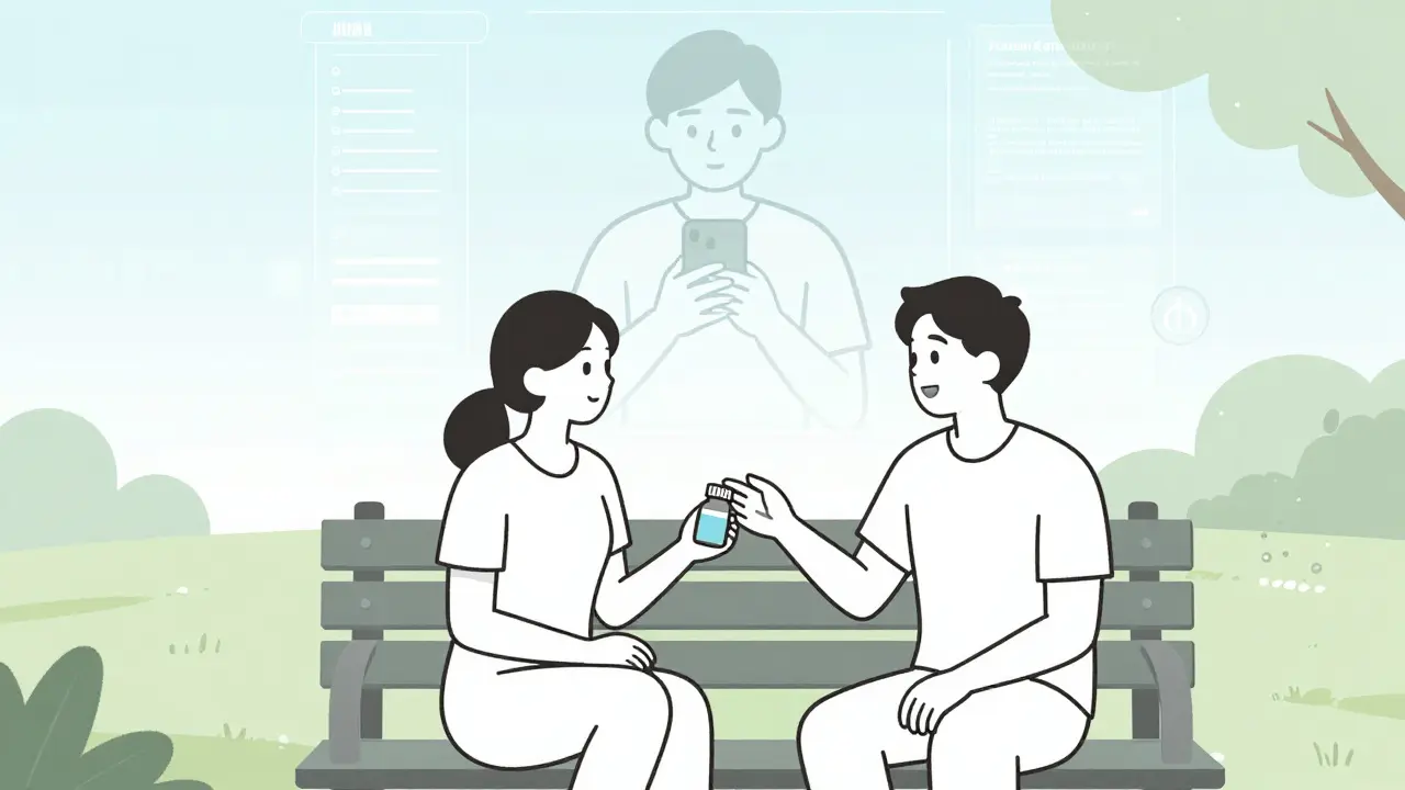 Deux personnes discutent sur un banc de parc, une utilise un téléphone, symbolisant le soutien humain et numérique combiné.